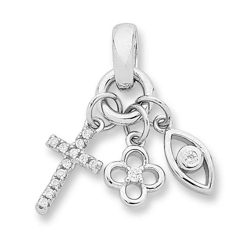 Sterling Silver CZ Cross, 4 Leaf Clover & Evil Eye Pendant with Chain